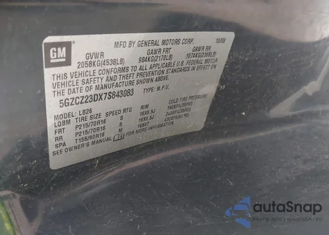 2007 Saturn Vue 4 Cyl z USA, uszkodzony, nr VIN 5GZCZ23DX7S843083